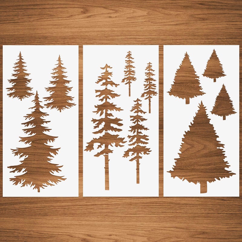 CODOHI Tree Stencils, Tall Pine Fir Tree Cypress Cedar Fall Wall Stencil 3 Packs for Painting on Wood Furniture Canvas Home Decor Crafts Trees Reusable Mylar Stencils 6"x12" - Image 1
